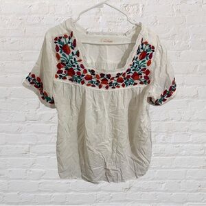 S43 Solitaire Women's White Blouse with Red and Blue Embroidery
